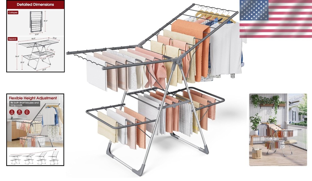 Versatile 2-Level Foldable Clothes Drying Rack with Height-Adjustable Wings