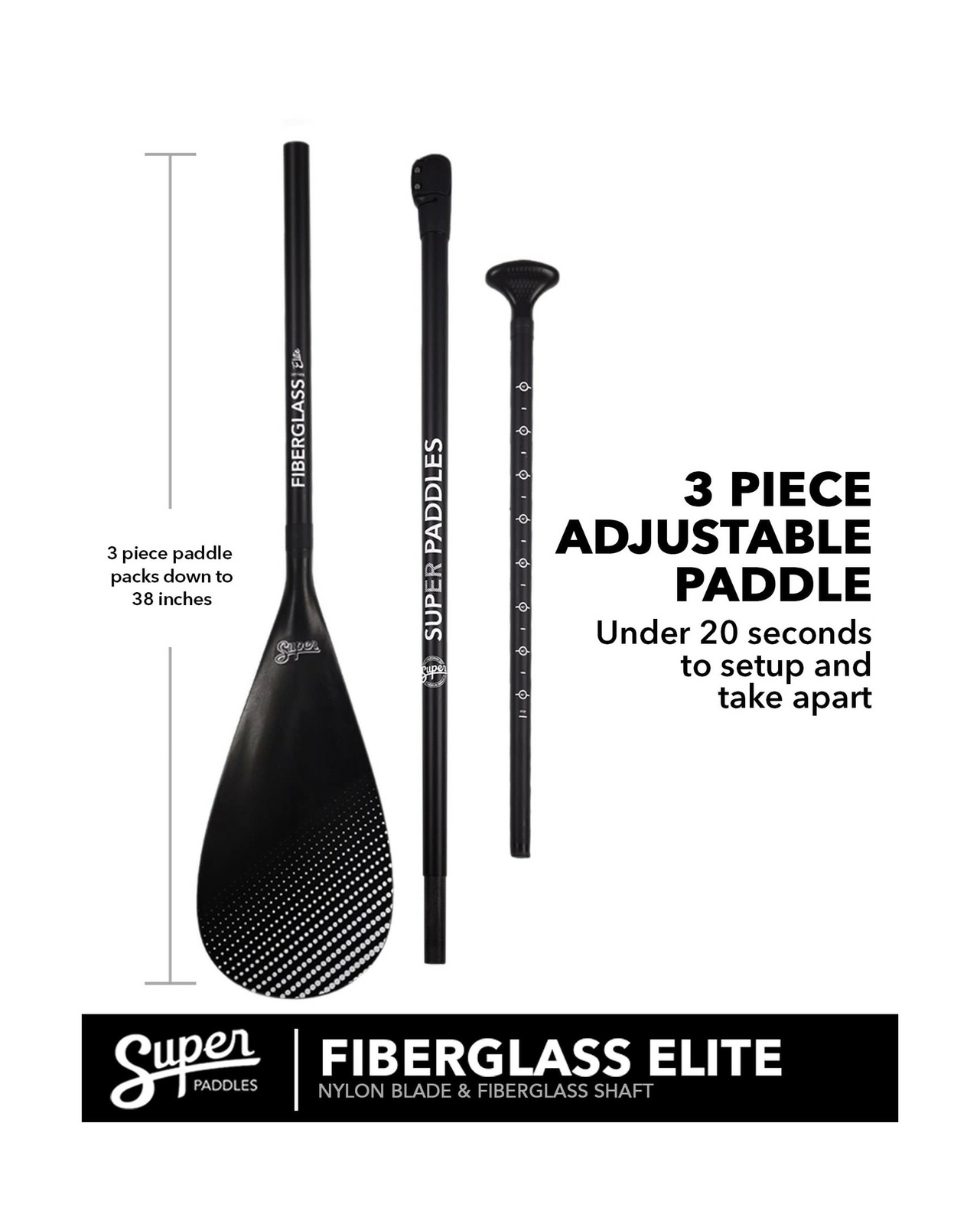 SUP Paddle - Carbon Fiber & Fiberglass Paddles - 3 Piece Adjustable Paddle Bo...