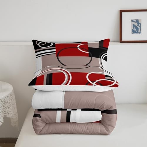 Modern Red Grey Black Stripes Comforter Set Geometric Down King Multi 270