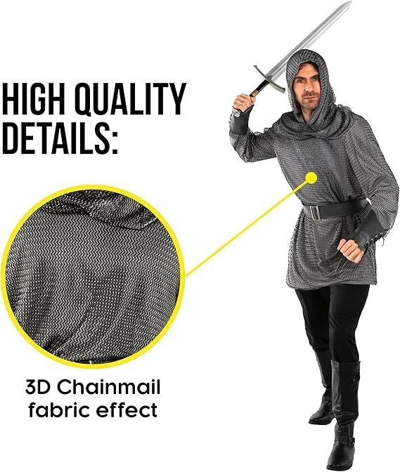 Men`s Medieval Knight Costume Adult Chain Mail Shirt Crusader M - 3XL Halloween