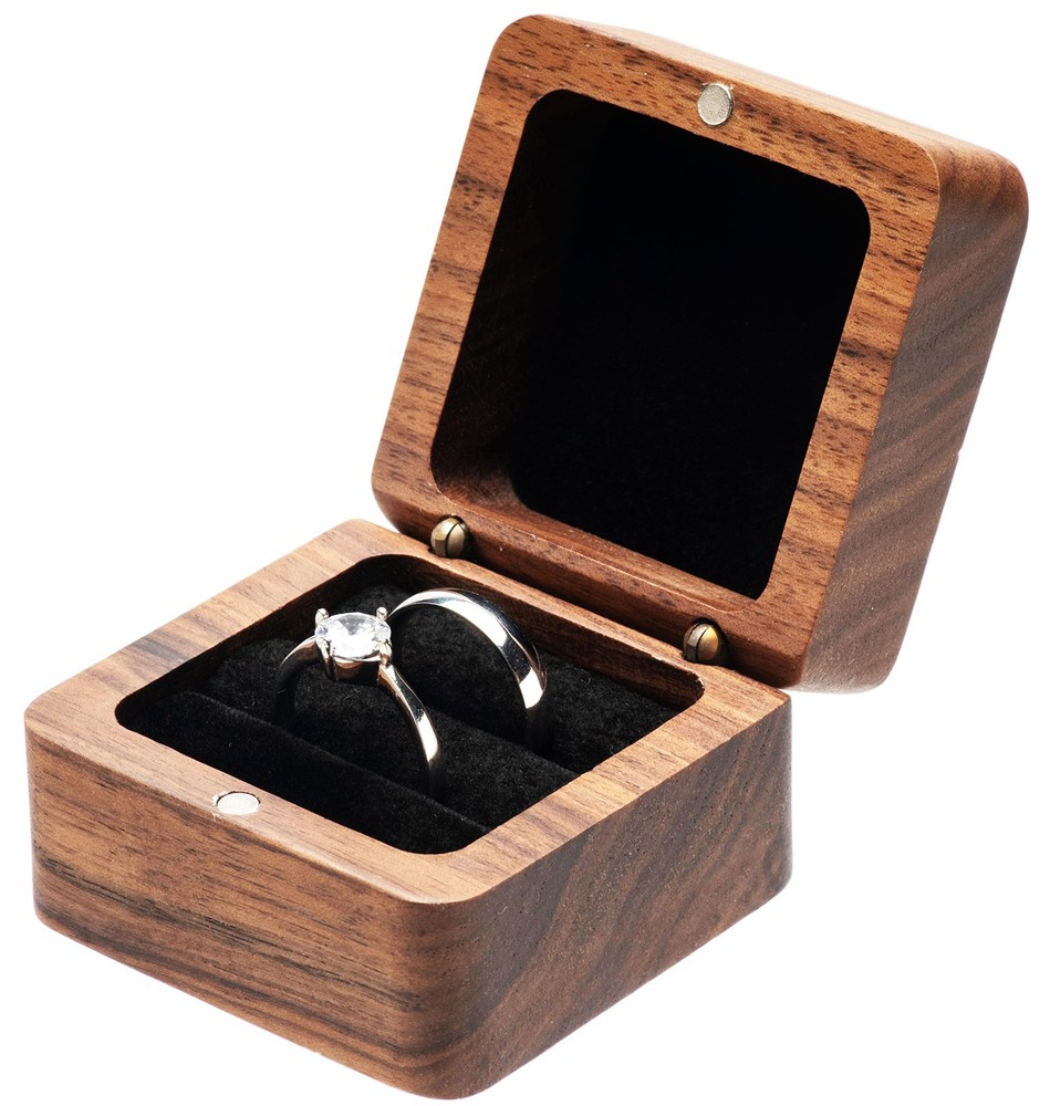 COSISO Square Solid Wood Double Ring Box Case for Wedding Small, Black Inner