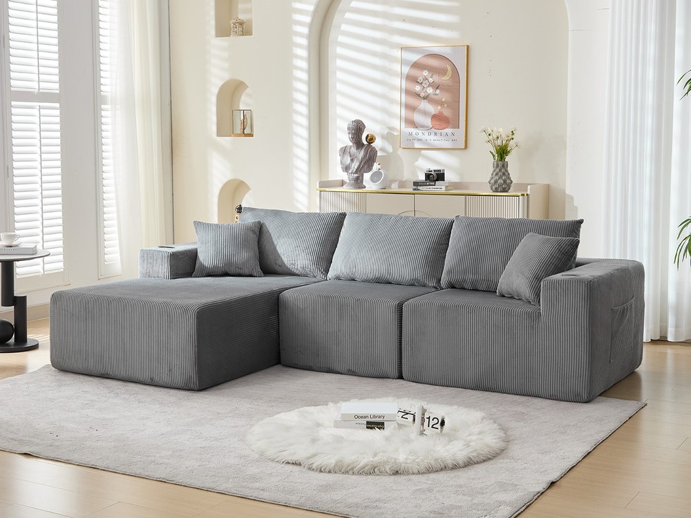 L Shaped Corduroy Sofa Cloud Couch Compression Boneless Sofas w/ 5 Throw Pillows