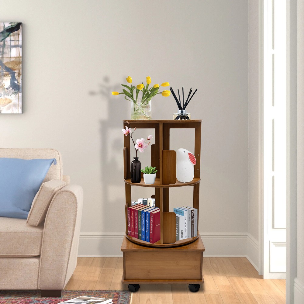 Multi Storage Table, Side Table with Rolling Wheels, Removable Swivel Bookcase