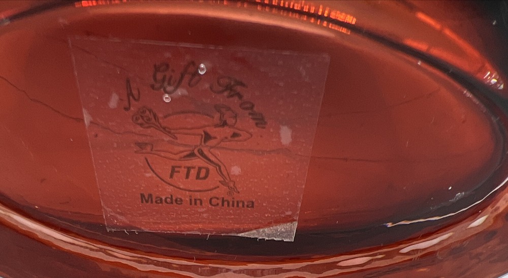 Ruby Red Etched Glass Horizontal Lines Clear Base FTD 7” Oval Top Vase