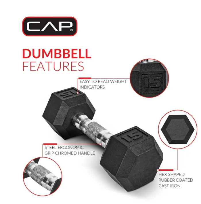 CAP Barbell, Coated Rubber Hex Dumbbell, Pair, 25lb