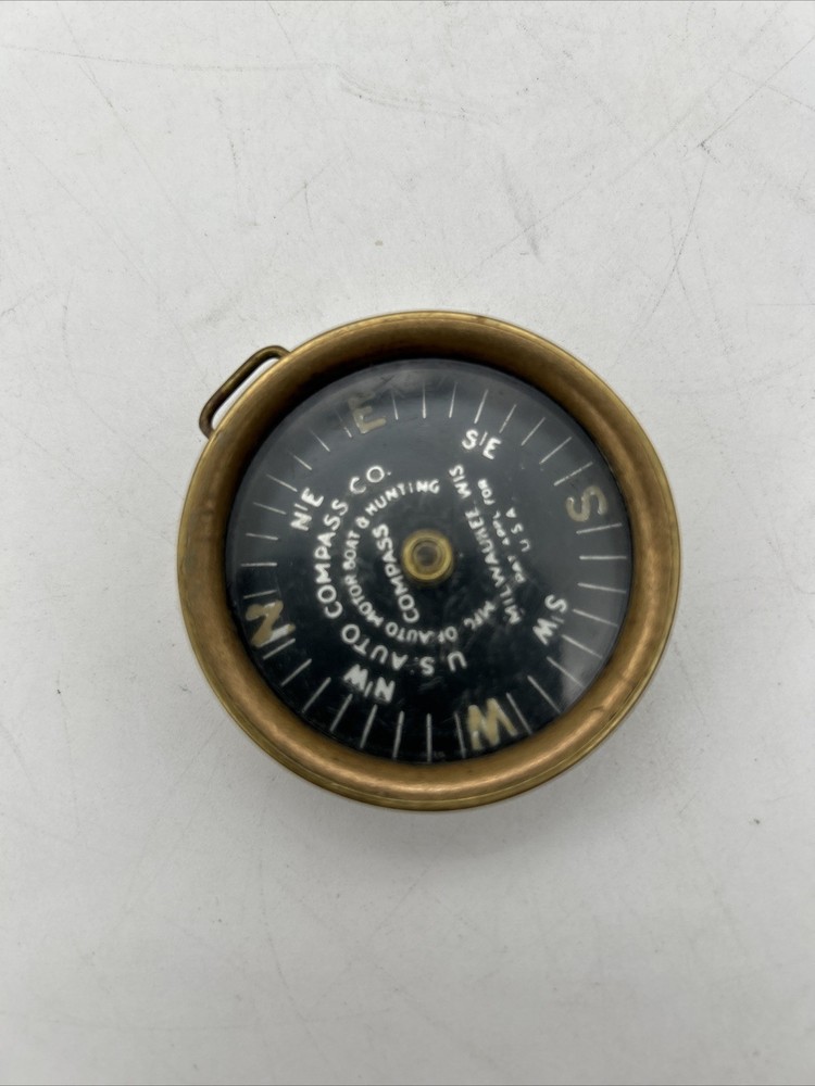 ANTIQUE U.S. AUTO COMPASS CO. BRASS COMPASS / MISSING DIAL