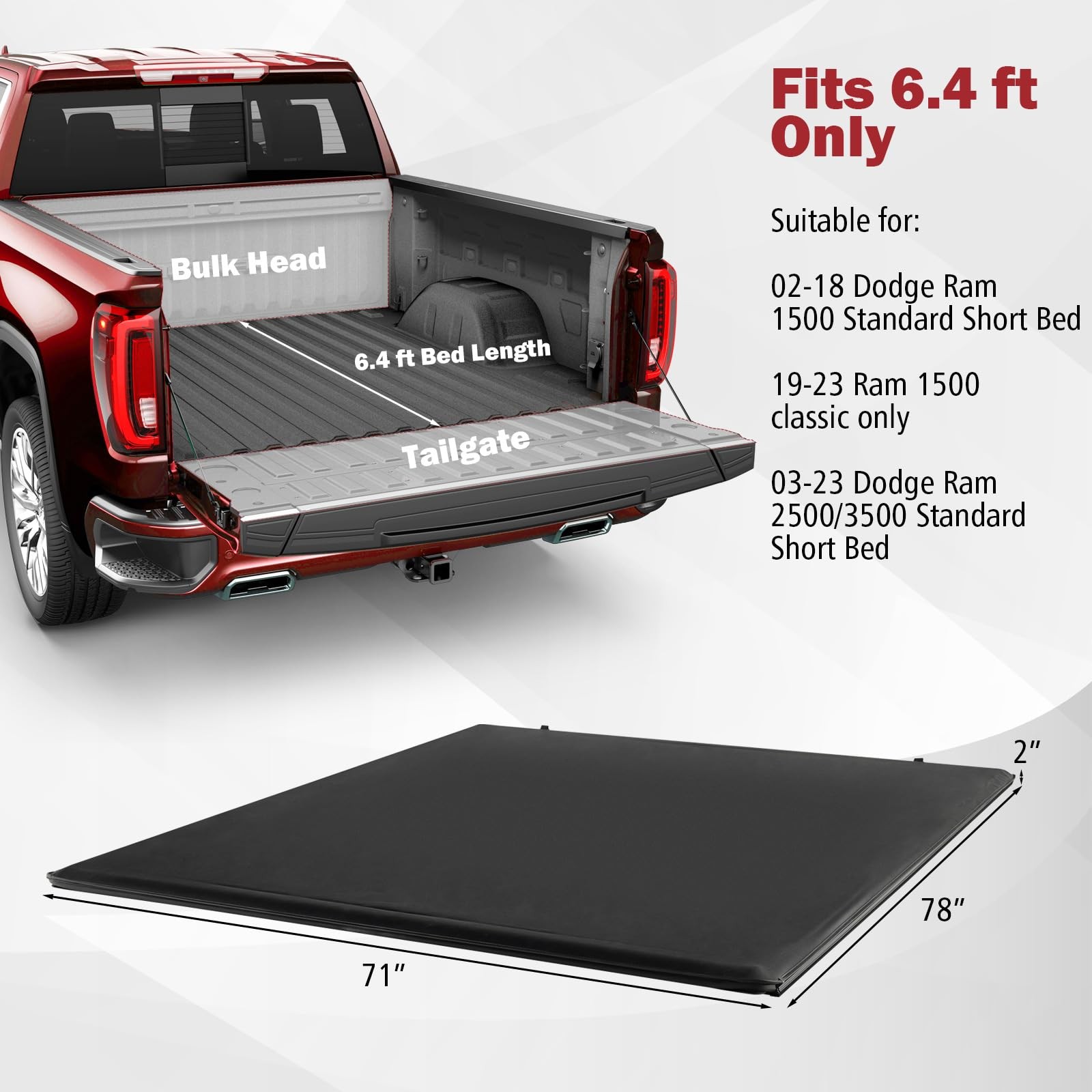 Soft Roll-up Tonneau Cover for 2002-2023 1500 2500 3500 6.4 Bed