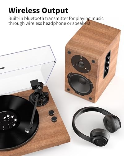 Turntable Vinyl Record Player Support Bluetooth Output Phono/Line Switch Brown
