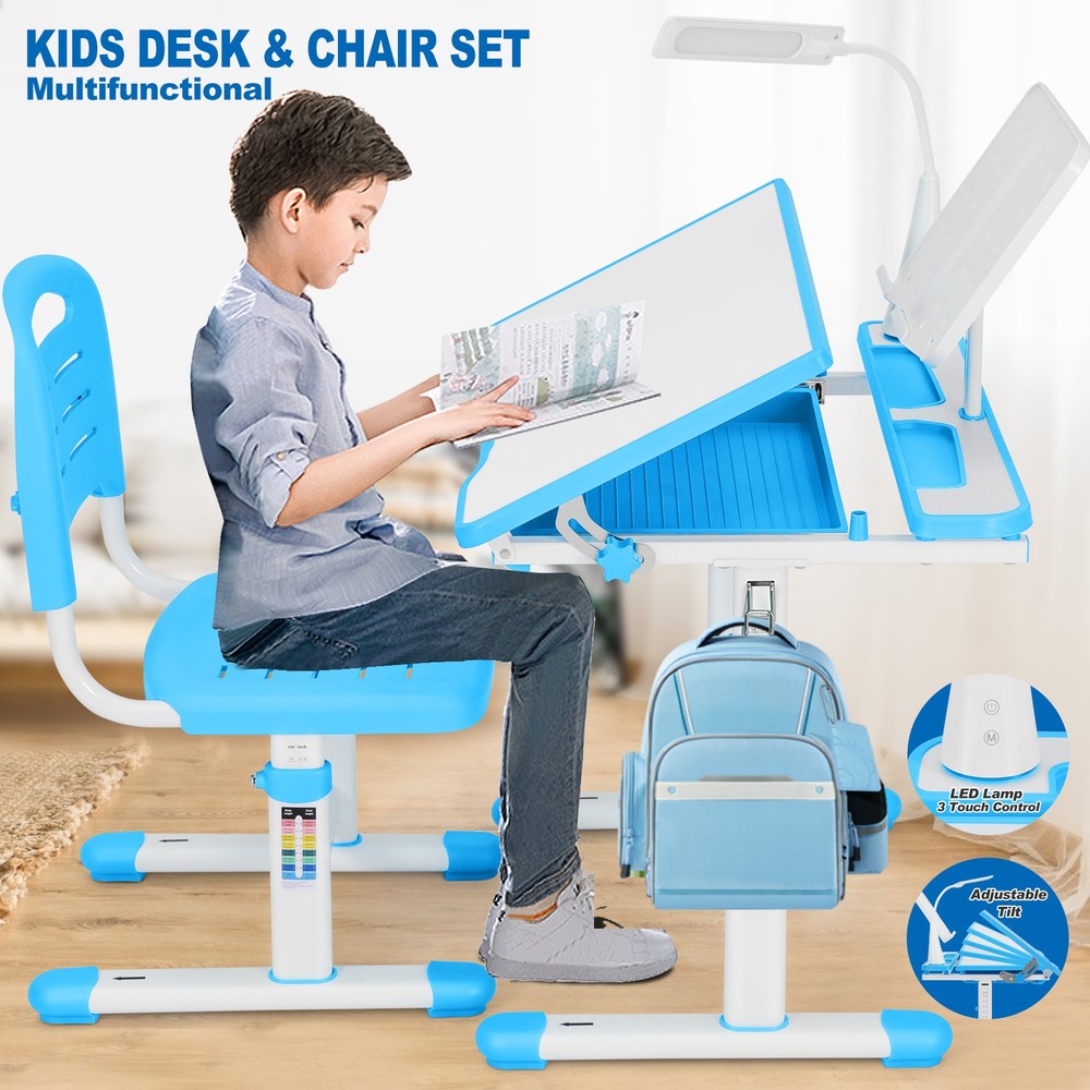 Blue Height Adjustable Kids Desk Chair Set Study Table w/Writing Boad,LED,Drawer