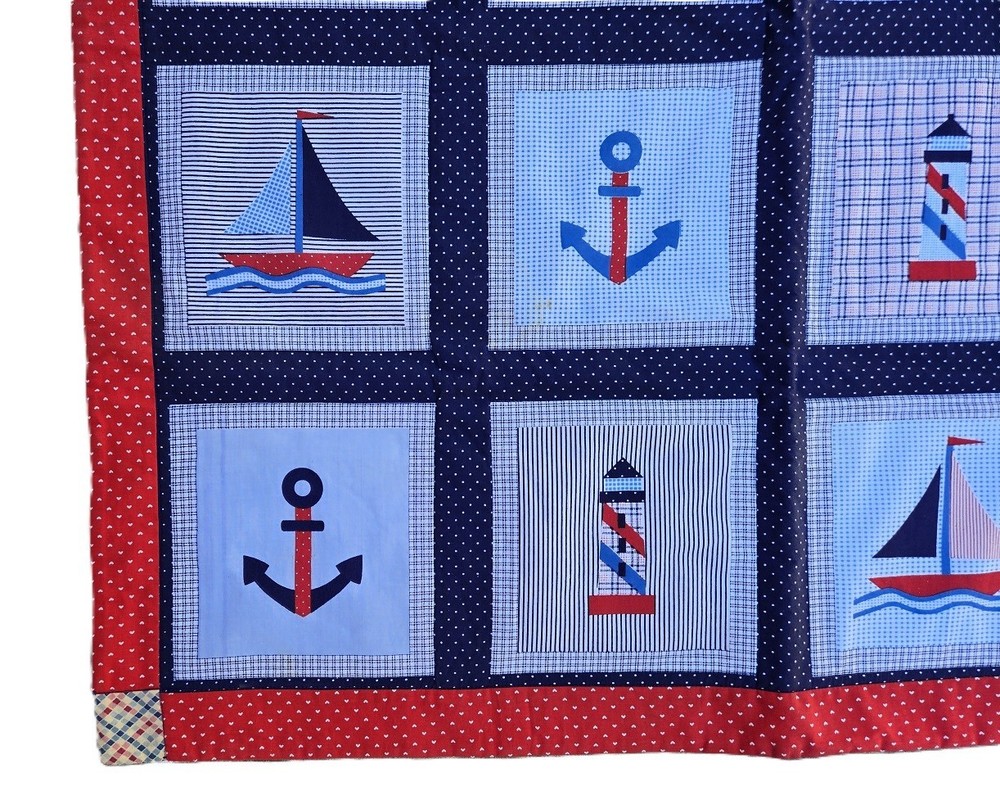Nautical patchwork quilt Anchor sailboat lighthouse print 36" x 37"
