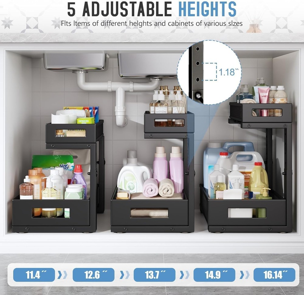 2-Pack Under Sink Storage Organizer Large 2-Tier Elegant Mesh Pull Out Shelf