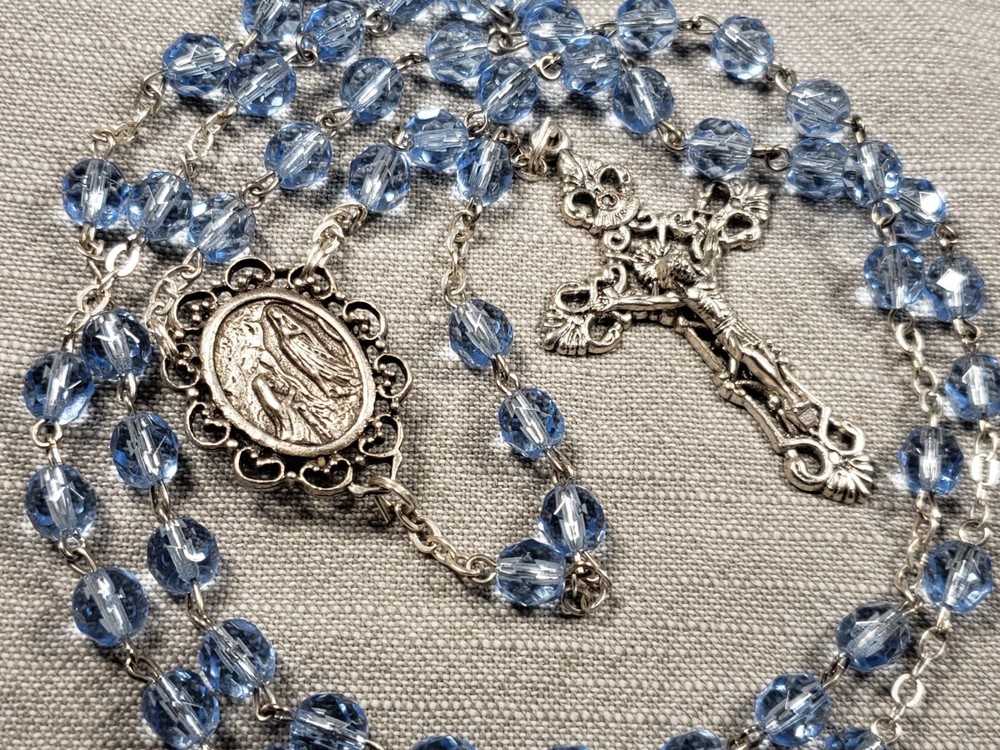 Vintage Rosary Prayer Lourdes Water Blue Beads Religious Christian Gift B87