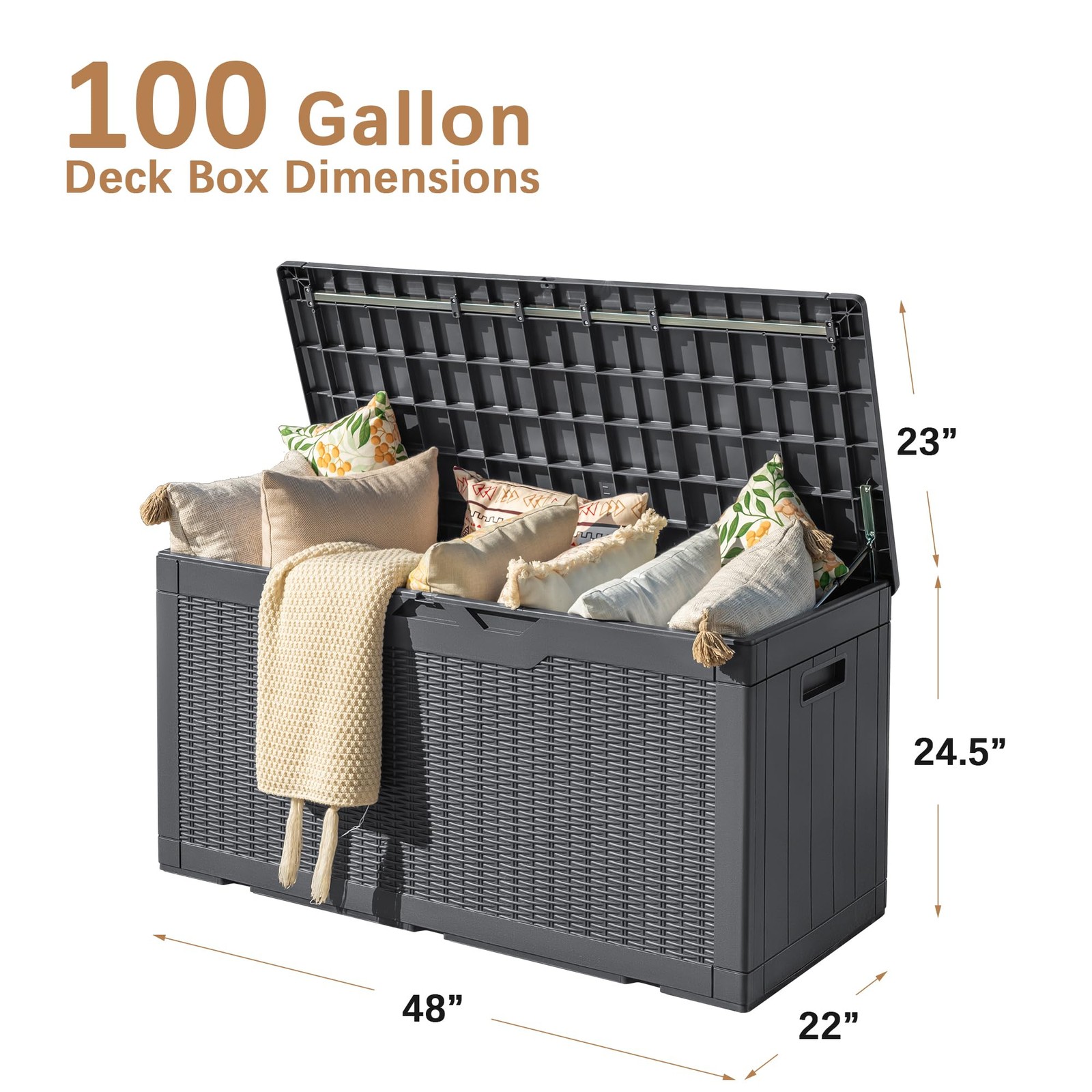 97 Gallon Deck Box, Waterproof Resin Outdoor Storage Box for Outside and Pati...