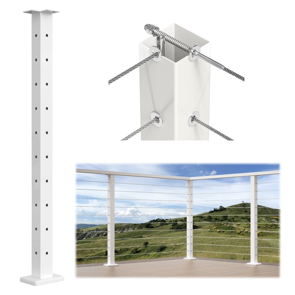 Muzata 36"x2"x2" T-Corner Cable Railing Post White Flat Top Square Post PS02