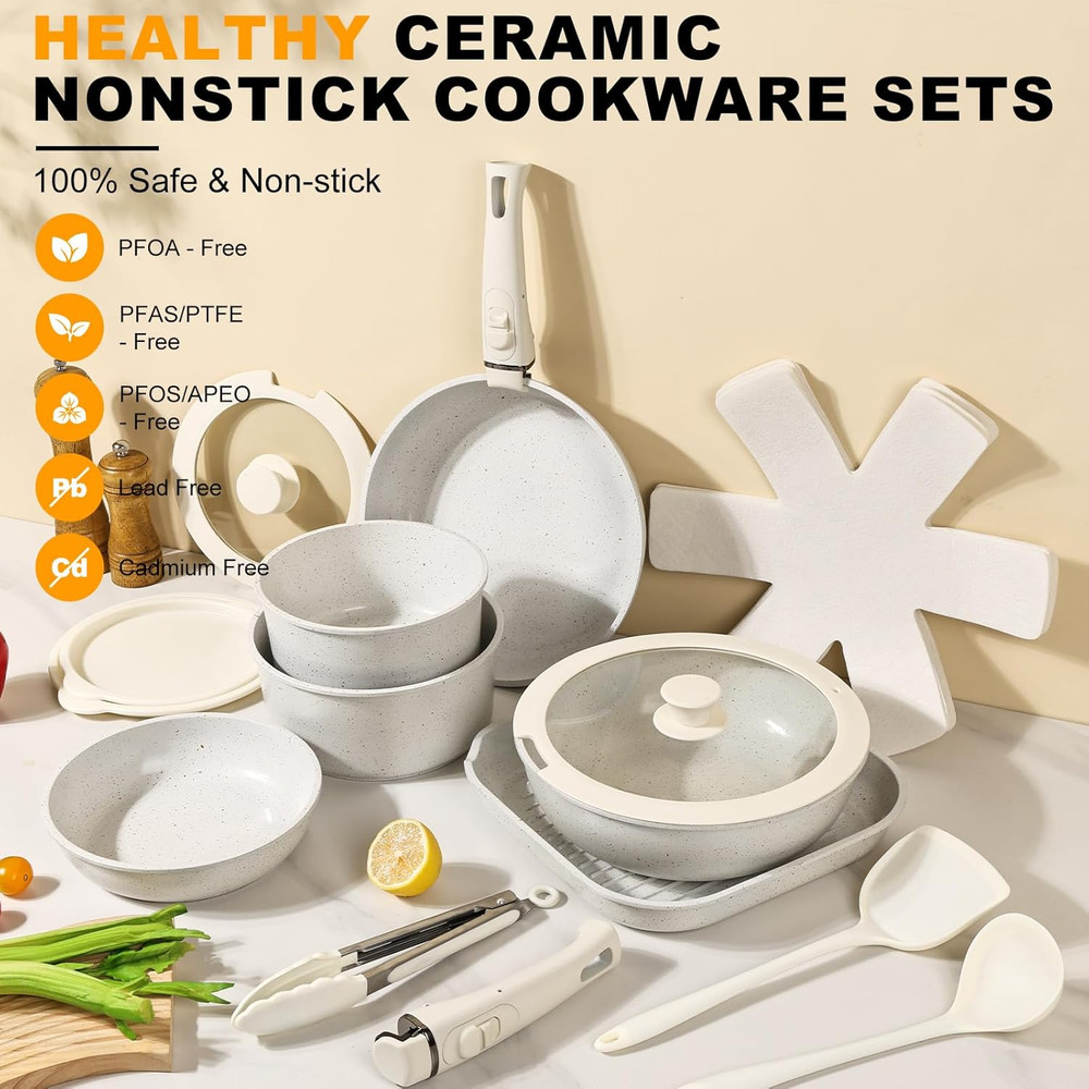 20PCS Non-Stick Ceramic Cookware Set with Detachable Handle