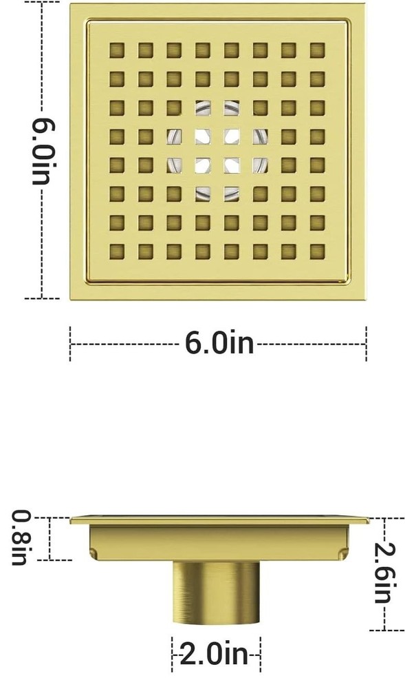 Removable Brushed Gold 6" Square Shower Floor Drain With Flange Pattern Grate