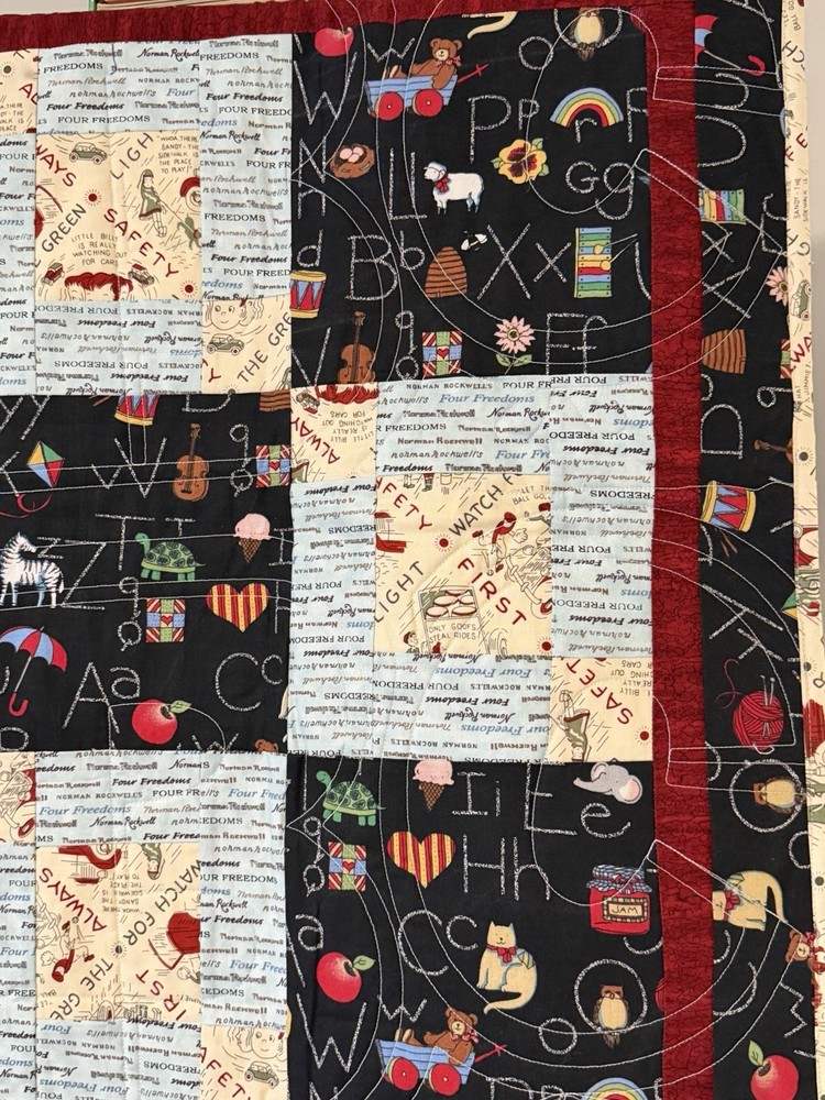 New Patchwork Quilt Throw Blanket Handmade Signed Reversible ABCs Cats 57”x42”