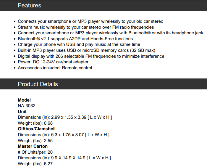 Naxa NA-3032 Bluetooth® FM Transmitter with MP3 Player and USB Charging