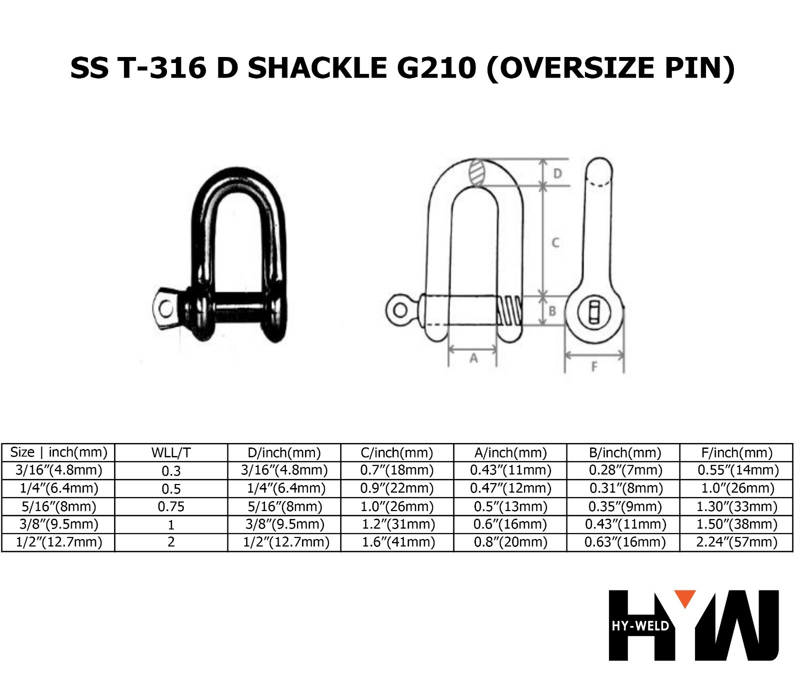T-316 Stainless Steel D Shackle Marine Grade 3/16" to 1/2" Oversized Pin (D)