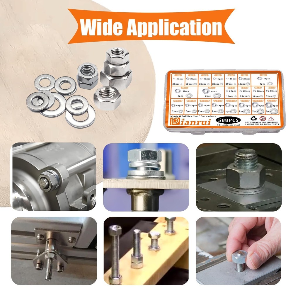 Dianrui 588PCS Metric & SAE Hex Nuts and Washers Assortment Kit, Assorted Nut...