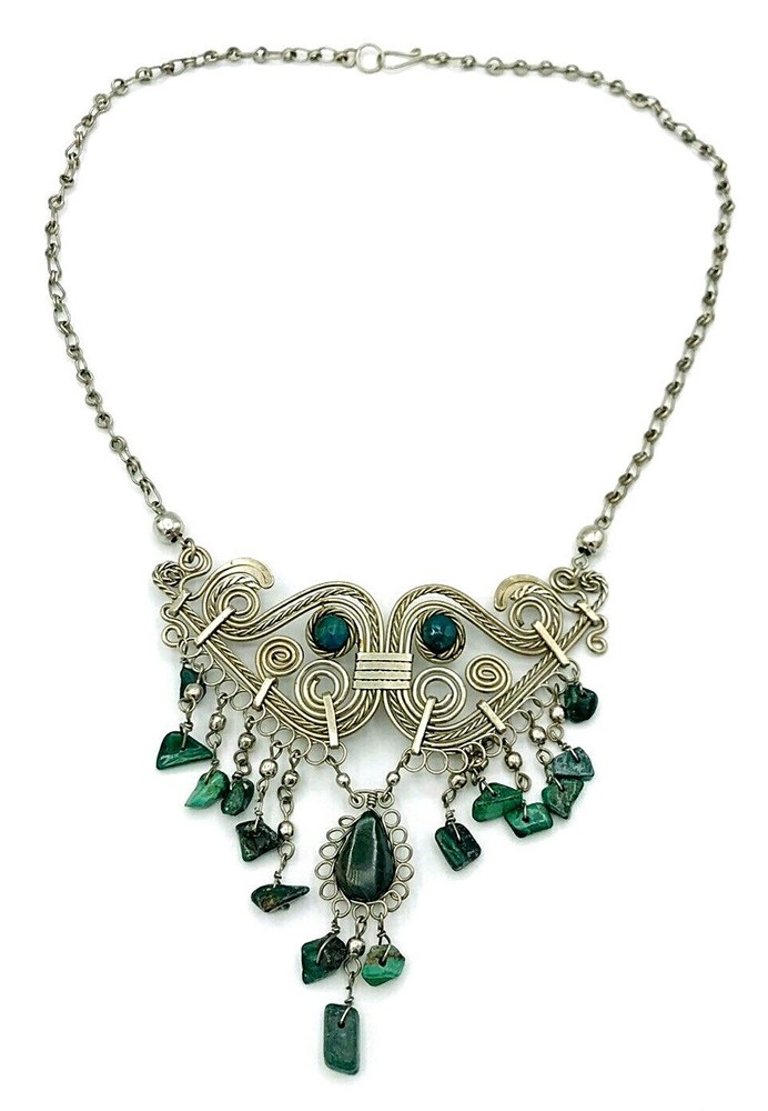 Silver Alloy Malachite BOHO Tribal Necklace