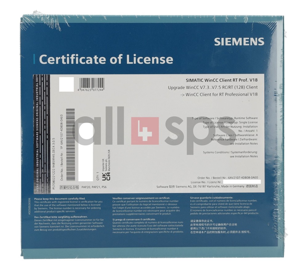 SIMATIC WINCC CLIENT RT PROF UPGRADE V18 - 6AV2107-4DB08-0AE0 (NS)