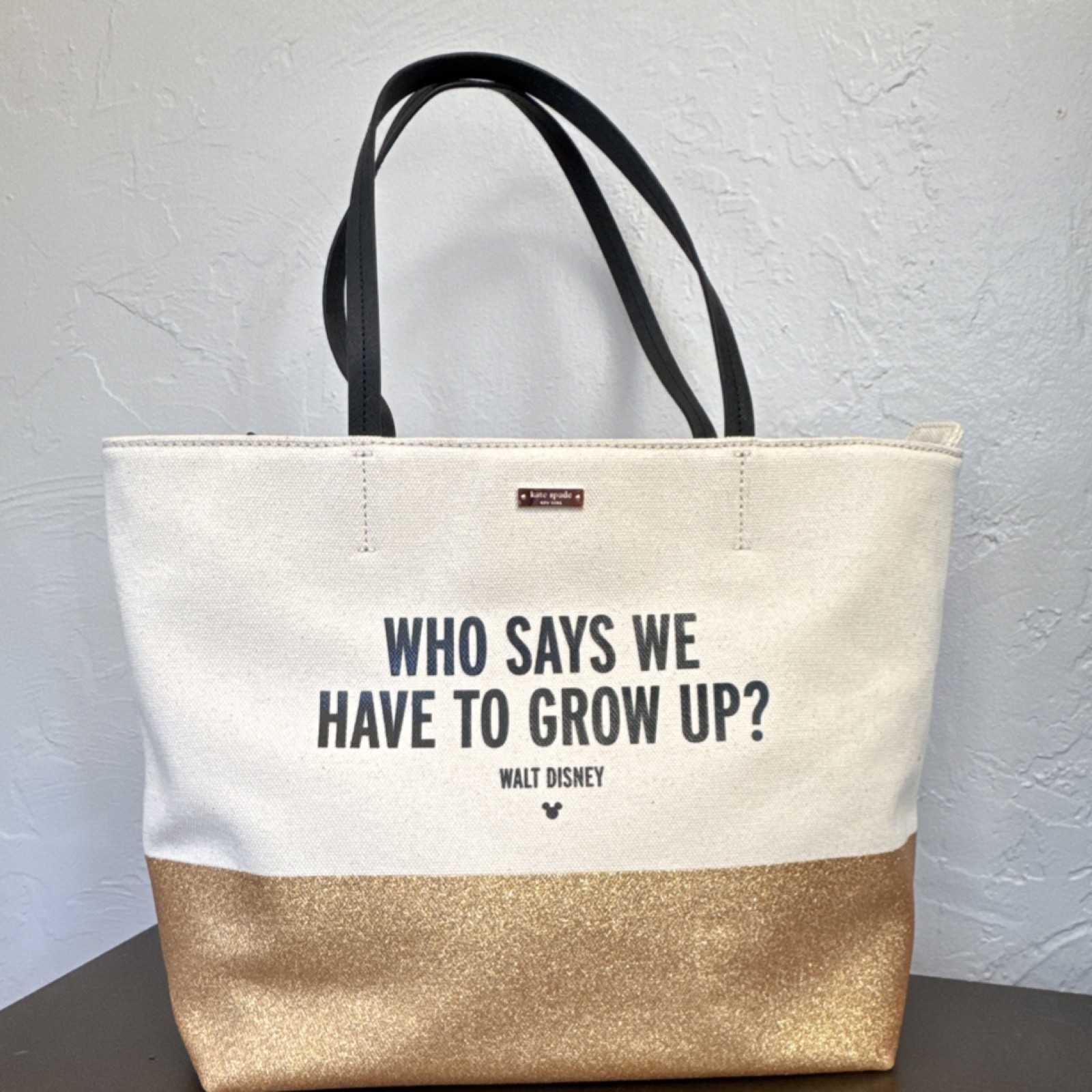 Kate Spade Disney large Tote Bag Beige Gold 'Who Says We Have To Grow Up?'