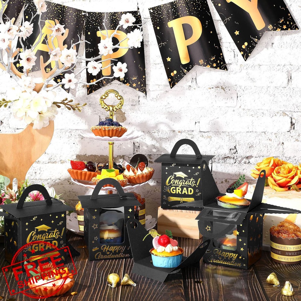30pc Grad Cupcake Boxes, Candy Container with Window and Tassel, Black