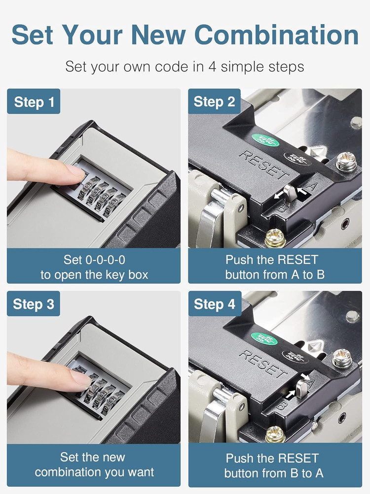 Key Lock Box with Key Hook, Resettable 4-Digit Combination, Waterproof Key Stora