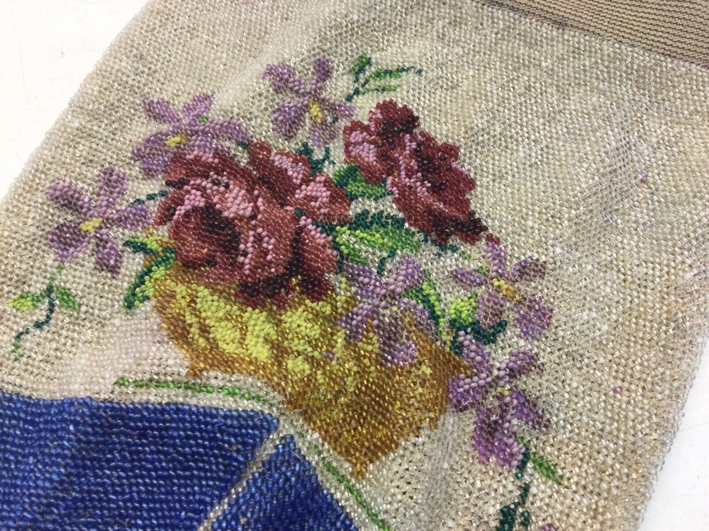 Antique Beaded Roses Drawstring Bag Purse