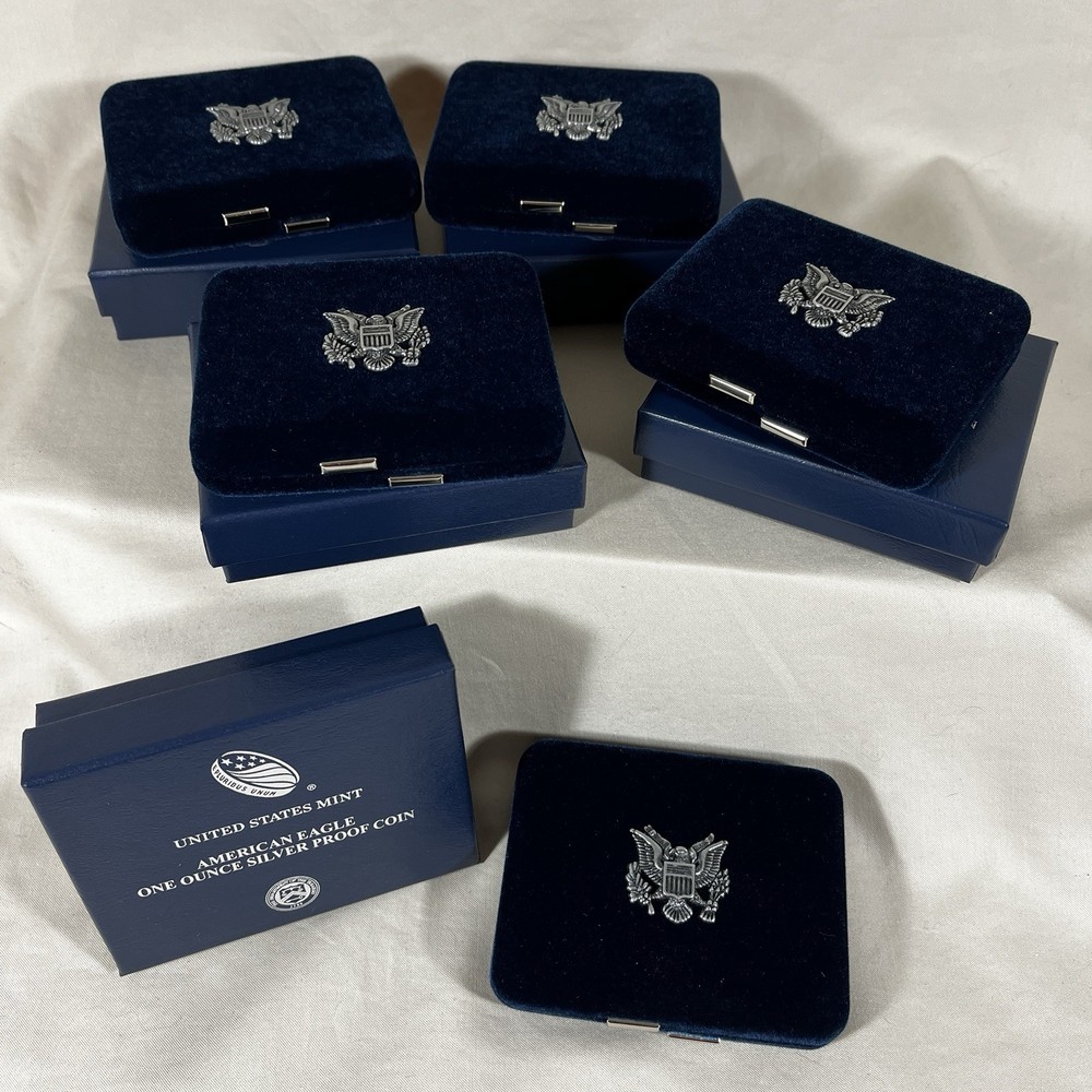 FIVE (5) American Silver Eagle PROOF Blue Velvet Cases and Boxes - No Coins