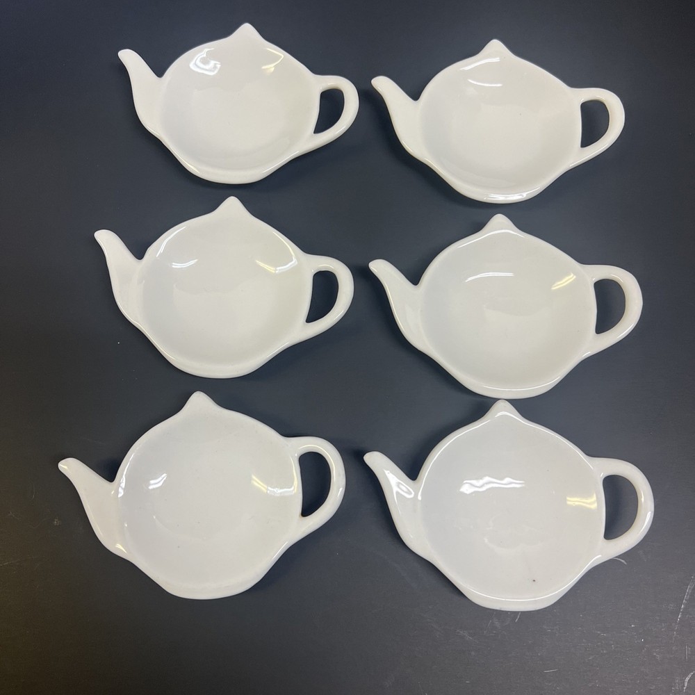 Tea Bag Holders Teapot Shaped White Ceramic Stacking Set/6 *Read*
