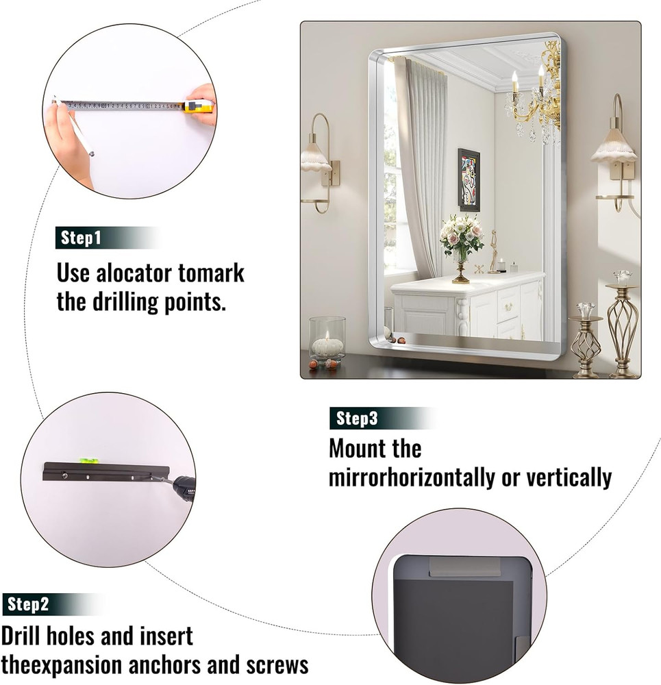 Modern Silver Wall Mirror, 30x22 Inch Rectangular Aluminum Frame, Versatile Desi