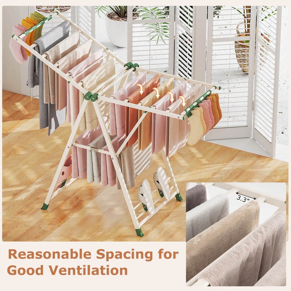 Foldable Metal Laundry Drying Rack w/Height Adjustable Wings, 16 Drying Rails