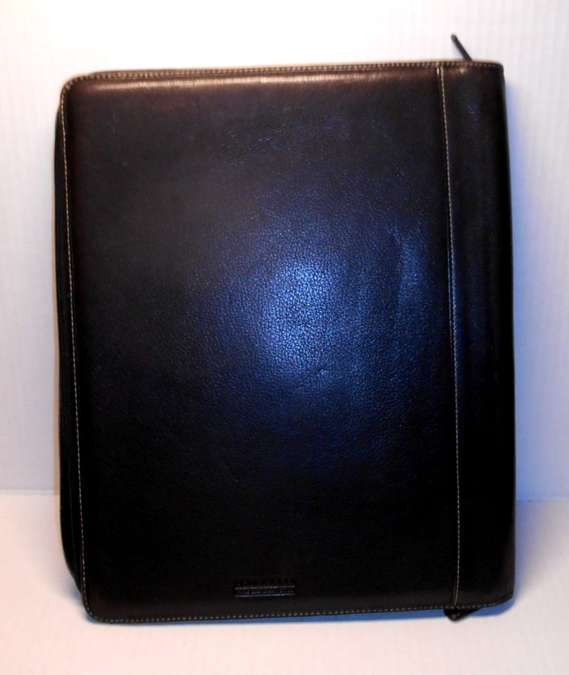 LEVENGER Black Leather Notebook Folder Portfolio Zip around Plaid Inside 12x10"