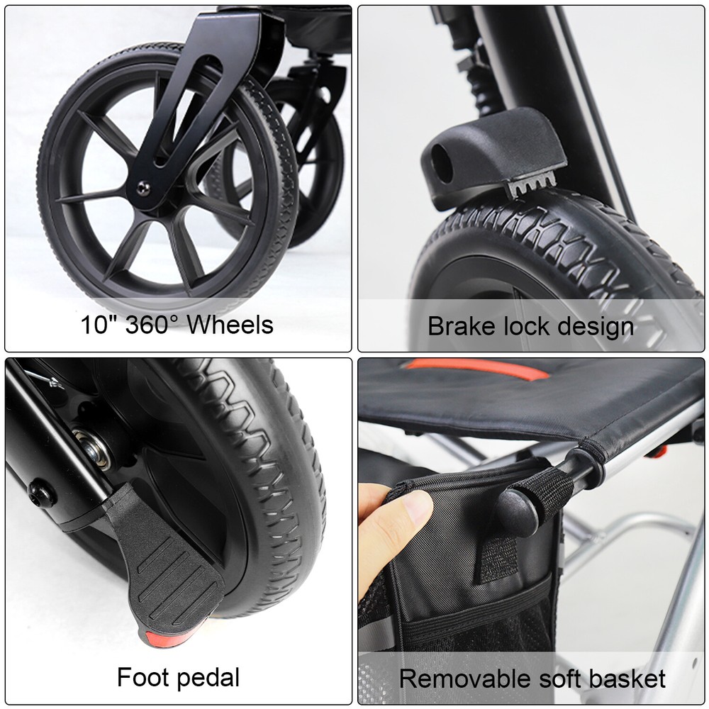 Rollator walker for Seniors Lightweight Foldable 10 inch Wheel 300lbs Silver