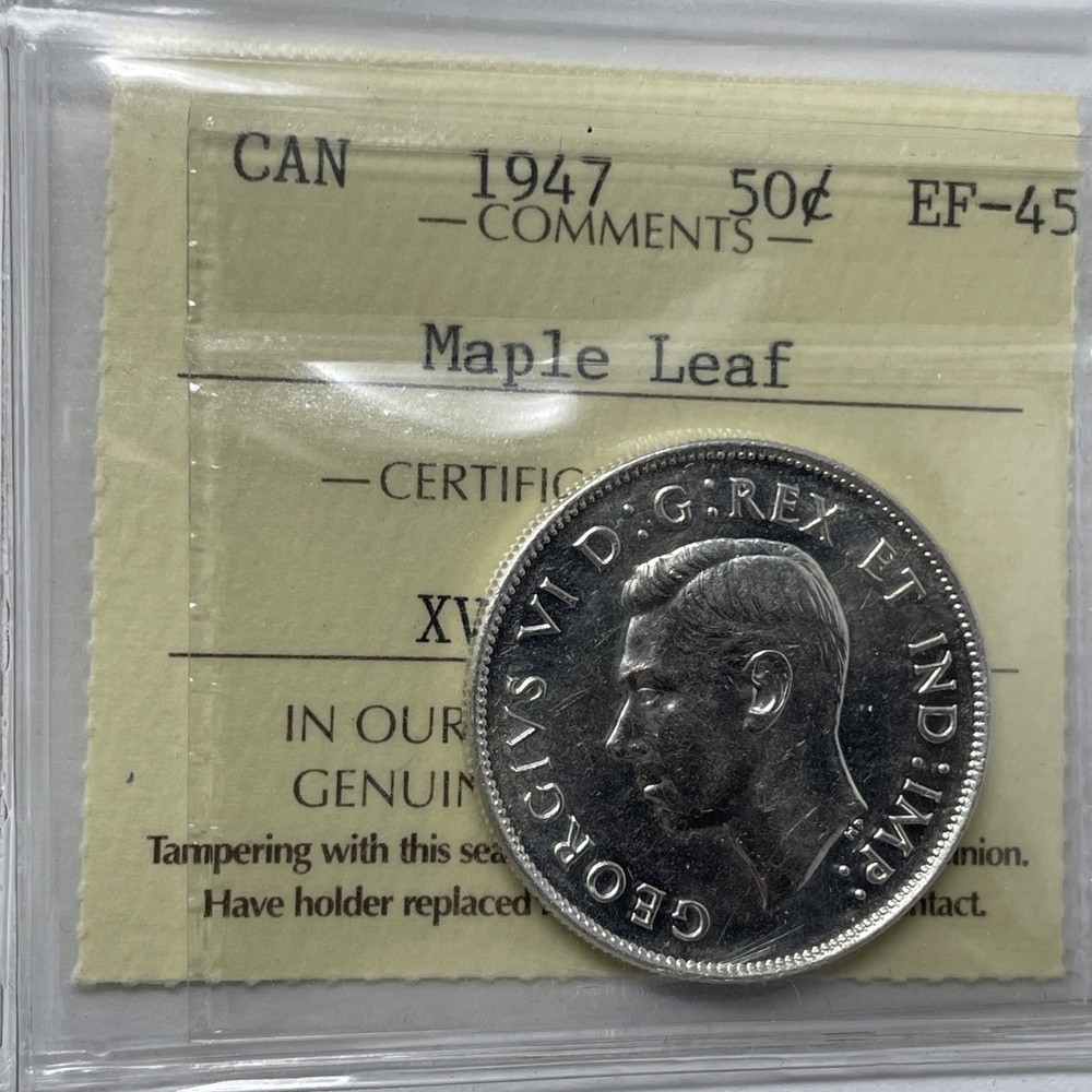 1947 Maple Leaf Canada 50 Cent. ICCS Certified EF-45. C-2573