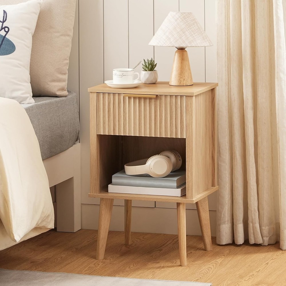 End Table, Fluted Night Stand, Modern Side Bedside Table with Natural