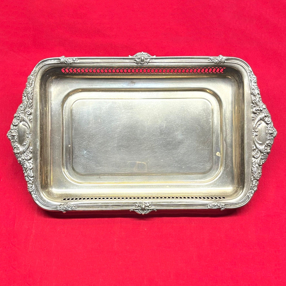 VTG 19" Tarnished Silver Plated Rectangular Butler Serving Tray Pierced Gallery