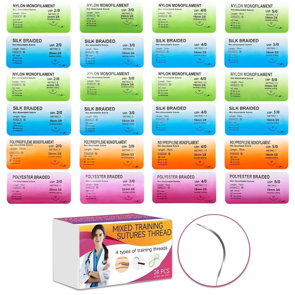 Sutures Thread with Needle (24 Mixed 2/0, 3/0, 4/0, 5/0) - Practicing Suturing(E