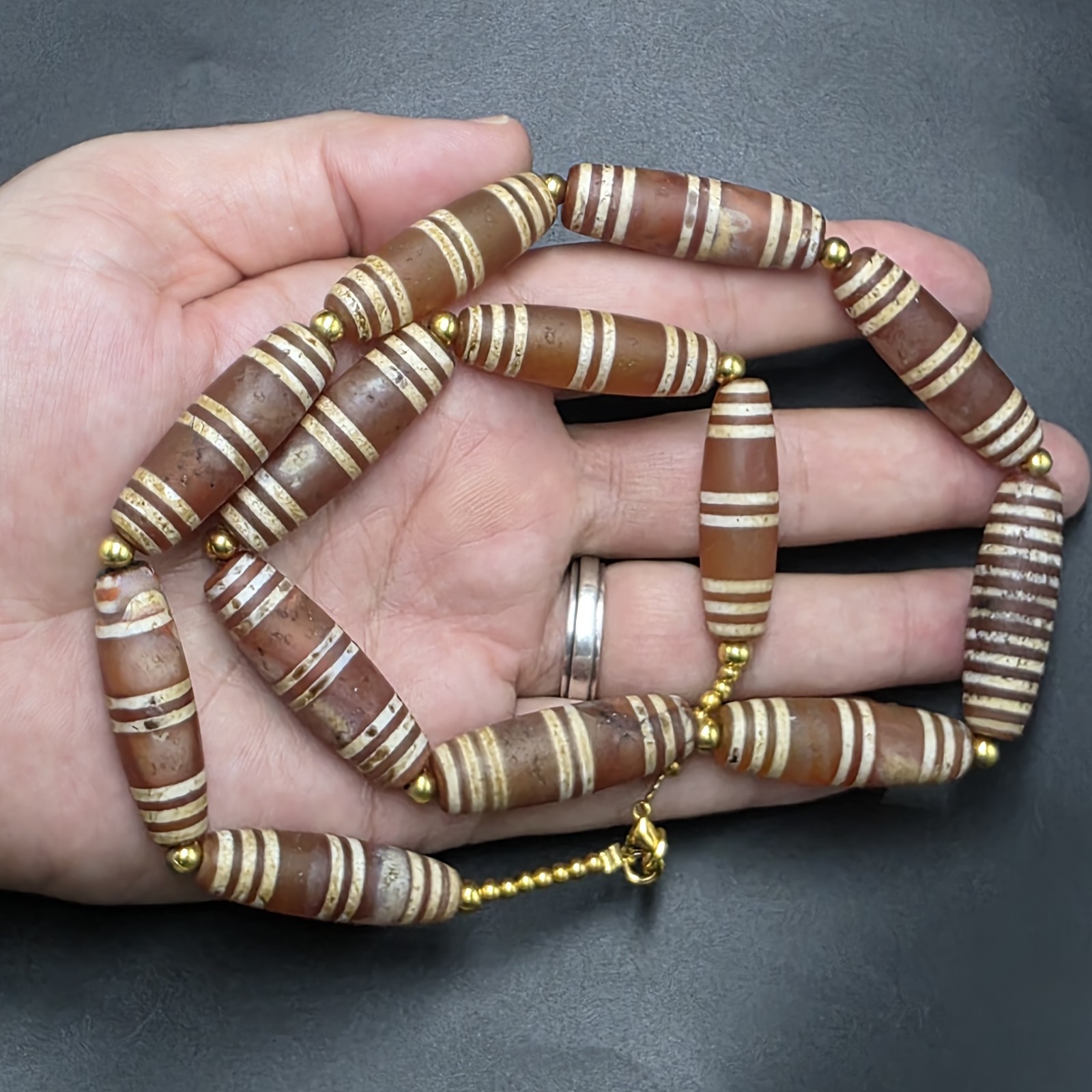 Antique Etched Carnelian Decorated Agate Beads Necklace.