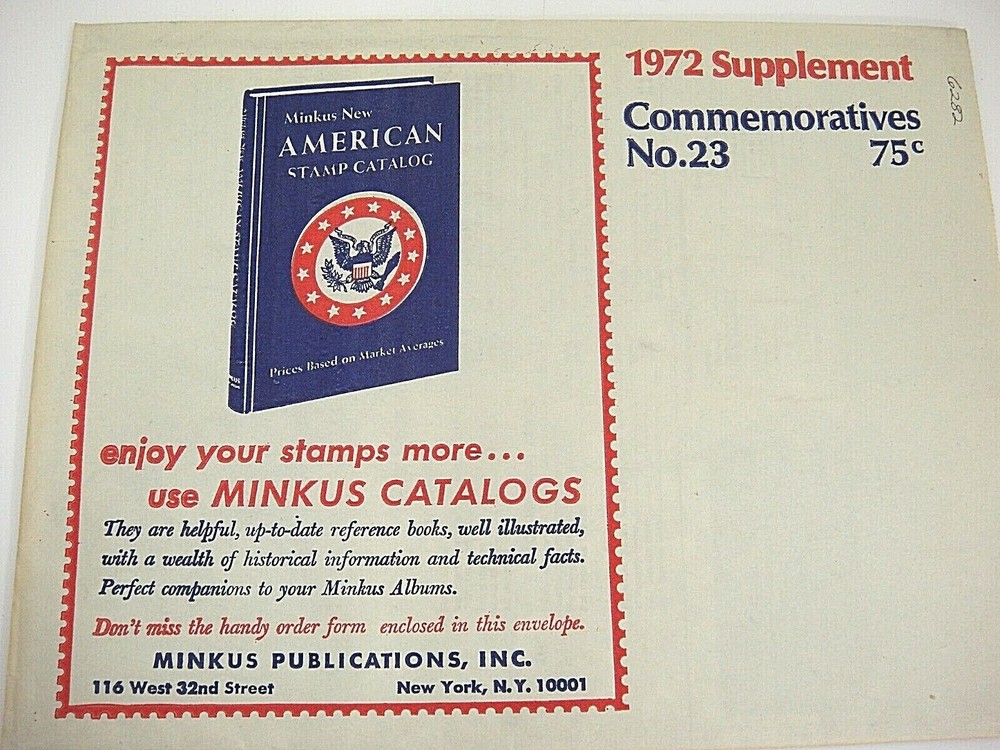 Minkus 1972 US American Commemoratives Stamp Album Supplement #23 UN NOS