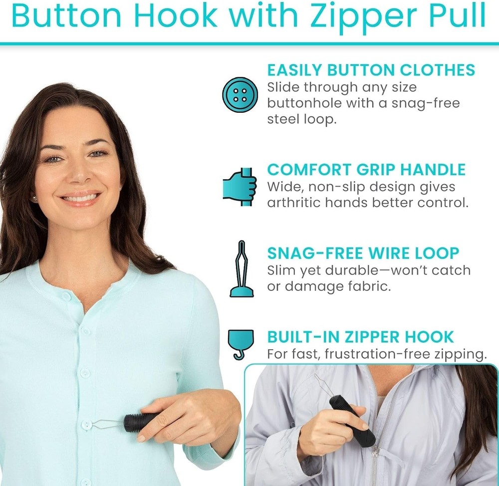 Vive Button Hook with Zipper Pull - Dressing 1 Count (Pack of 1), Black