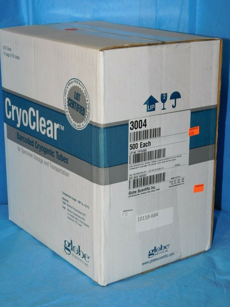 3400 GLOBE SCIETIFIC CRYOCLEAR BARCODED CRYOGENIC TUBES 4.0ML CASE/500 STERILE