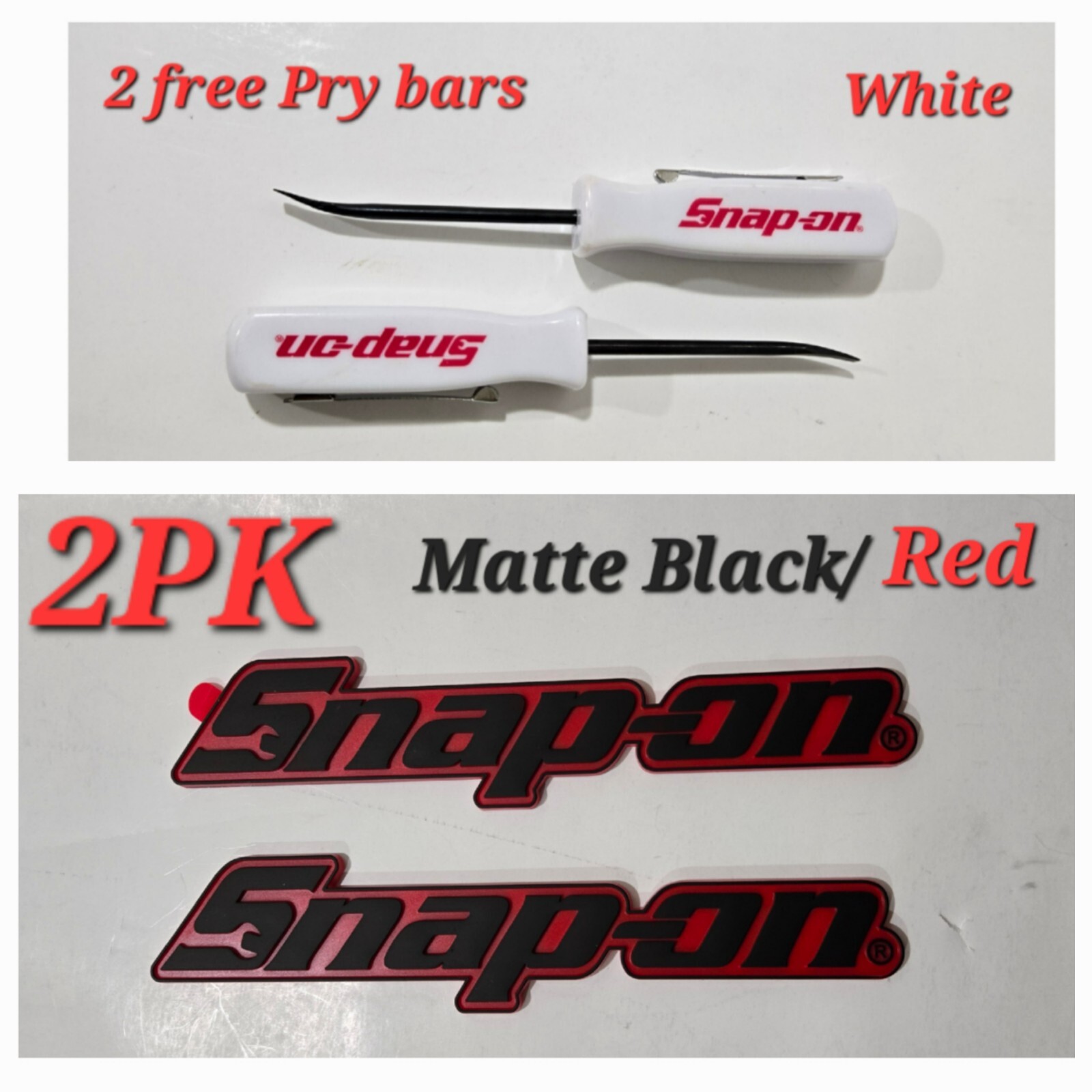 2PK SNAP ON TOOL BOX LOGO EMBLEM MATTE RED Plastic Badge Decal 8" NW+ 2 Prybars!