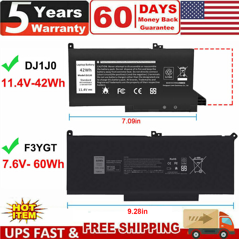 Battery DJ1J0 F3YGT For Dell Latitude 7280 7290 7380 7390 7480 7490 E7280 E7480