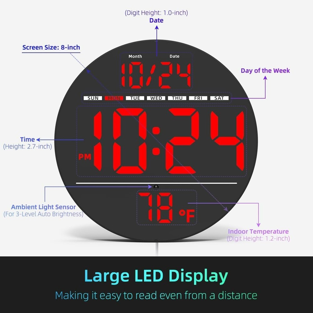 Digital Wall Clock with Large LED Display, Date, Temperature, Auto-Brightness