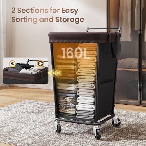 Laundry Hamper with Wheels and Handle, 2 160L Black-2 Section with Handle