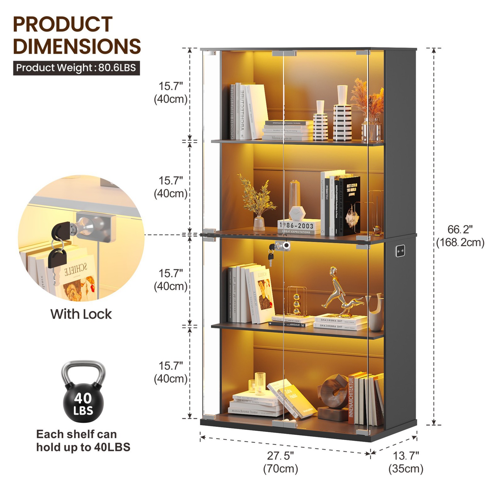 Display Cabinet with Glass Doors, Curio Cabinet with LED Lights for Collectibles
