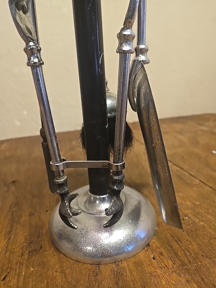 Art Deco Thistle Top Chrome Petite Fireplace Tools Silver Black,